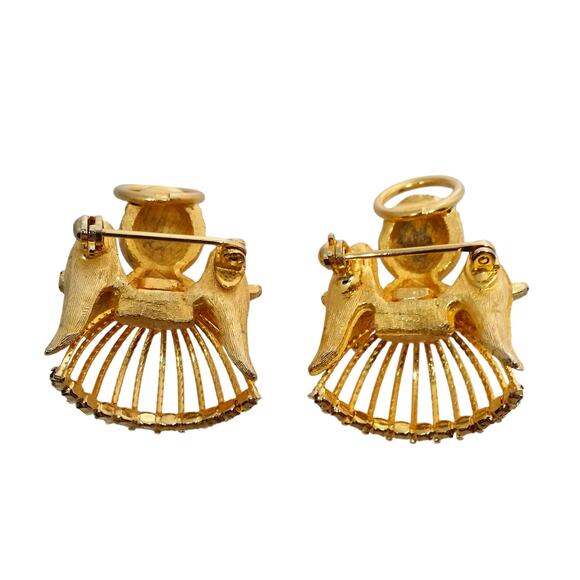 Small Rhinestone Angel Brooch Gold Tone Pair Cherub Pin Red Green Crystal - Picture 6 of 9